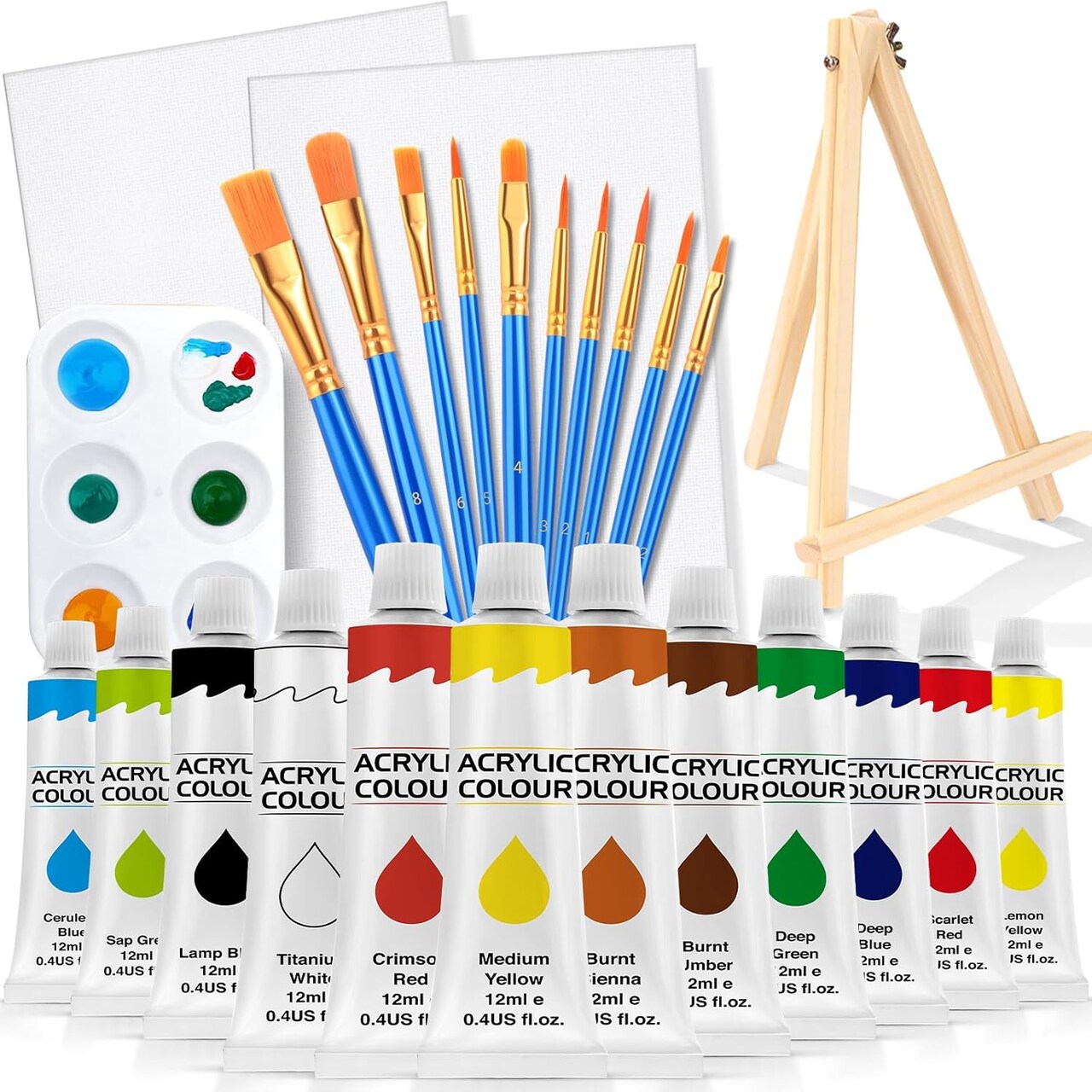 26PCS Acrylic Paint Set with 12Colors Acrylic Paints (12ml, 0.4 oz), 10 Paint Brushes, 2Canvas, 1 Wood Easel, 1 Plate, Painting Supplies Kits for Kids, Adults, Artists and Beginners